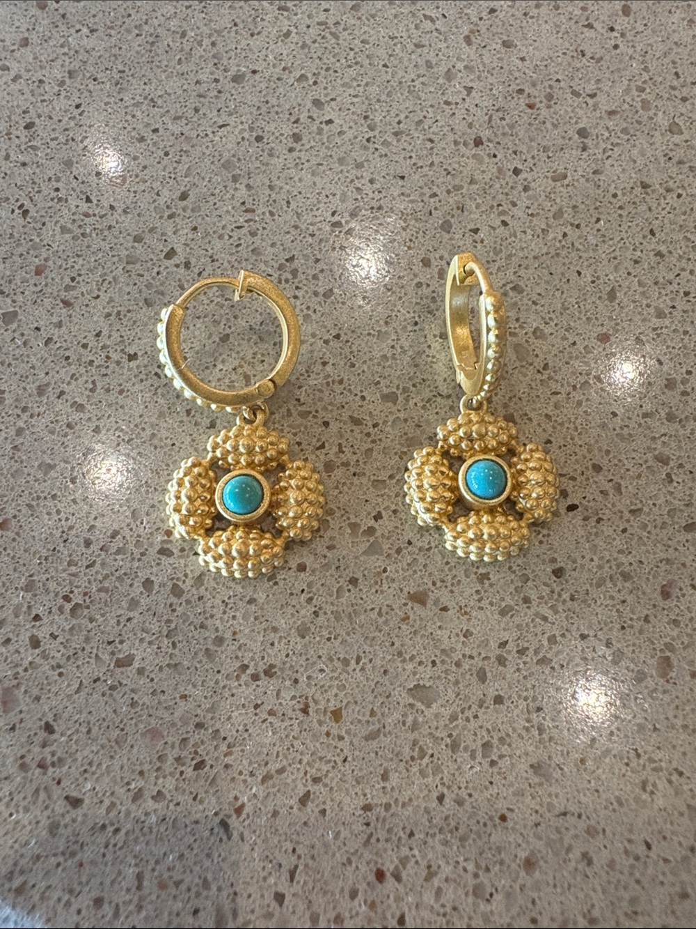 Gold Flower Drop Earrings with Turquoise Center